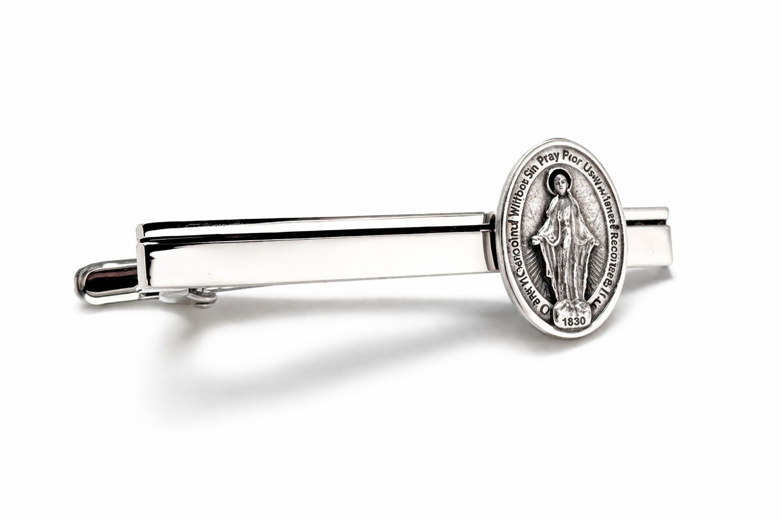 Virgin Mary miraculous medal tie clip silver mens religious tie bar catholic jewelry accessory close up