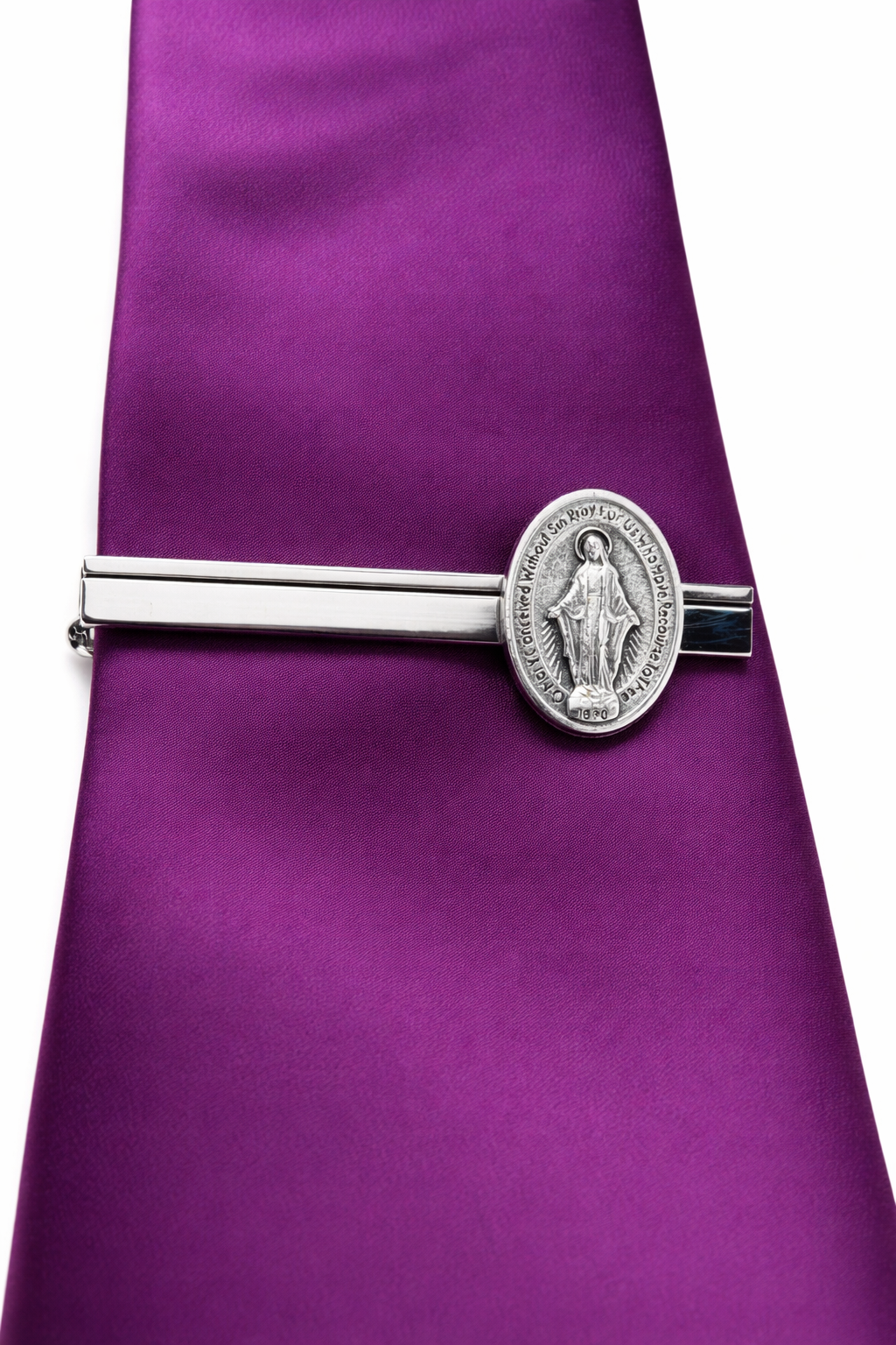 Virgin Mary miraculous medal tie clip silver mens religious tie bar catholic jewelry accessory purple tie