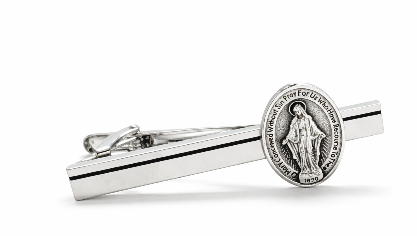 Virgin Mary miraculous medal tie clip silver mens religious tie bar catholic jewelry accessory
