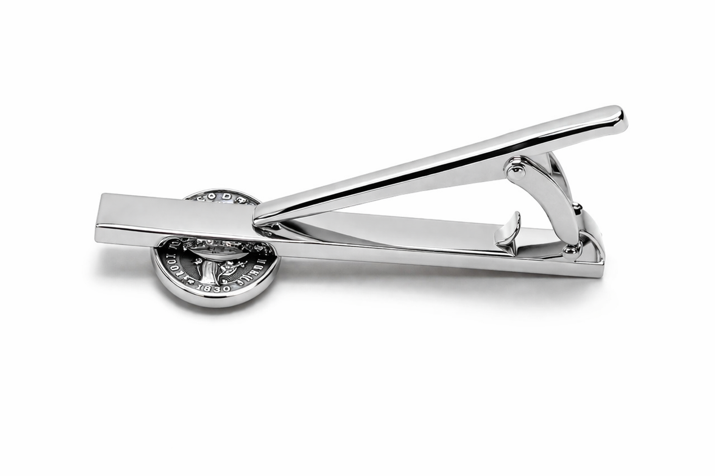Silver tie clip on a white background