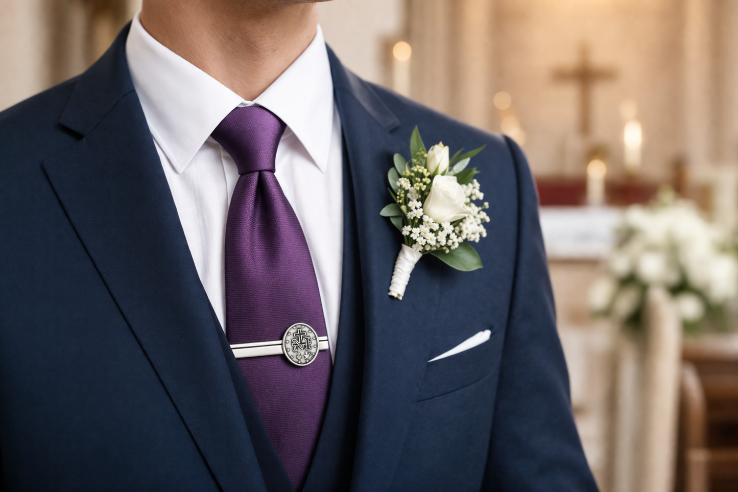 religious tie bar worn on suit wedding outfit