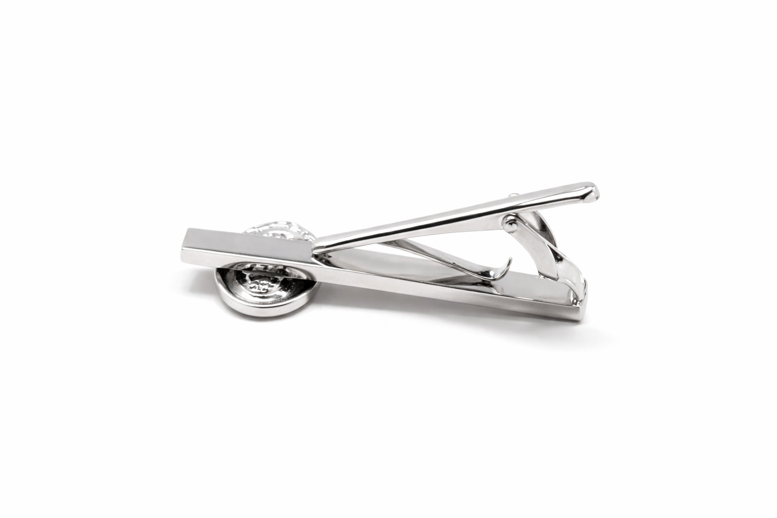 Silver tie clip on a white background