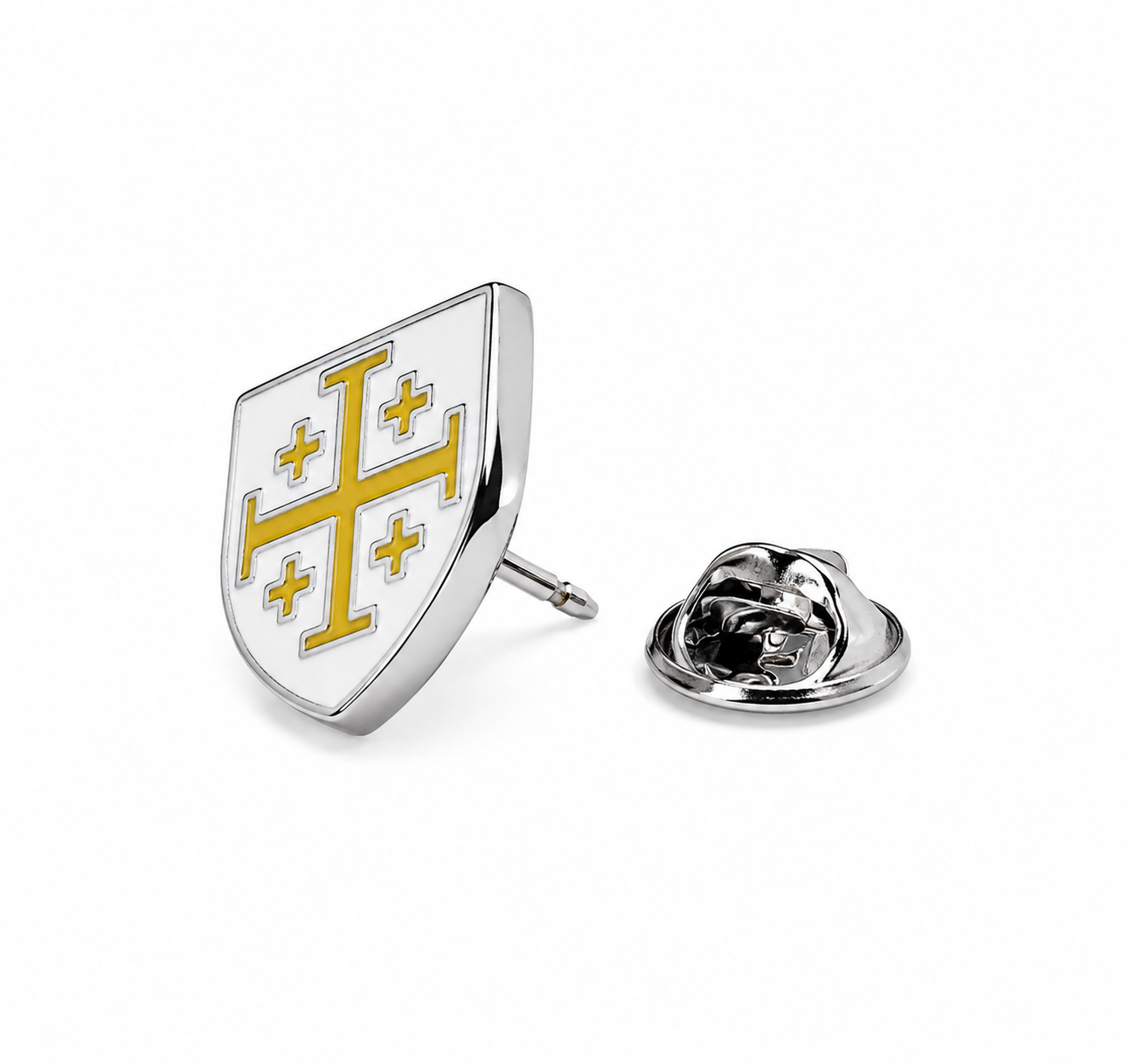 A silver shield-shaped enamel pin featuring a gold Castile lion rampant cross on a white background, shown alongside its silver butterfly clutch backing on a clean white studio background.