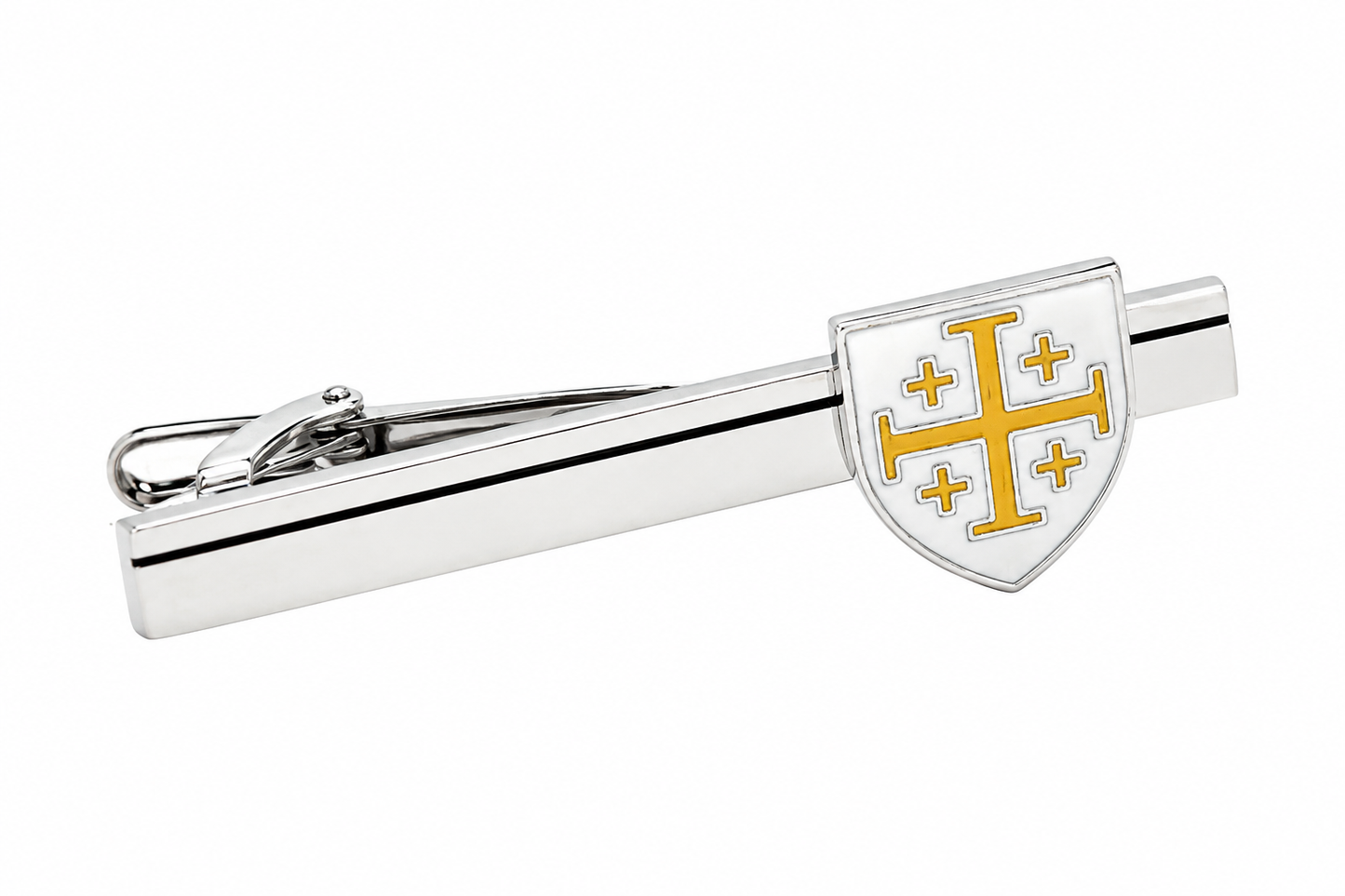A silver-toned metal tie clip featuring a shield emblem with a gold and white cross pattern, shown on a plain white background.