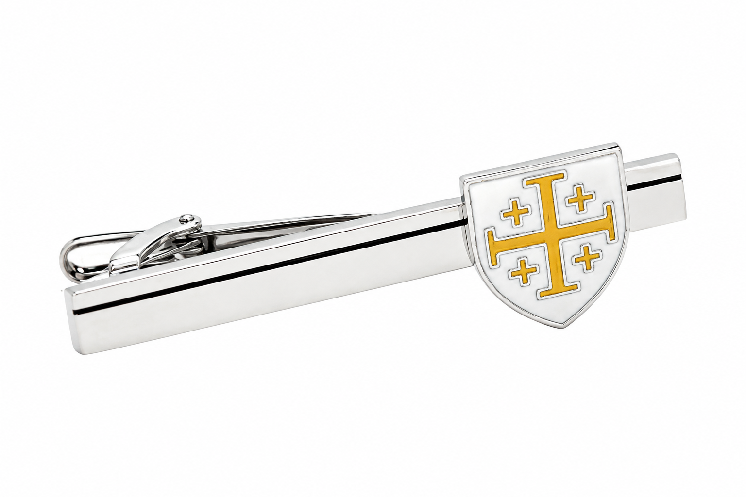 A silver-toned metal tie clip featuring a shield emblem with a gold and white cross pattern, shown on a plain white background.