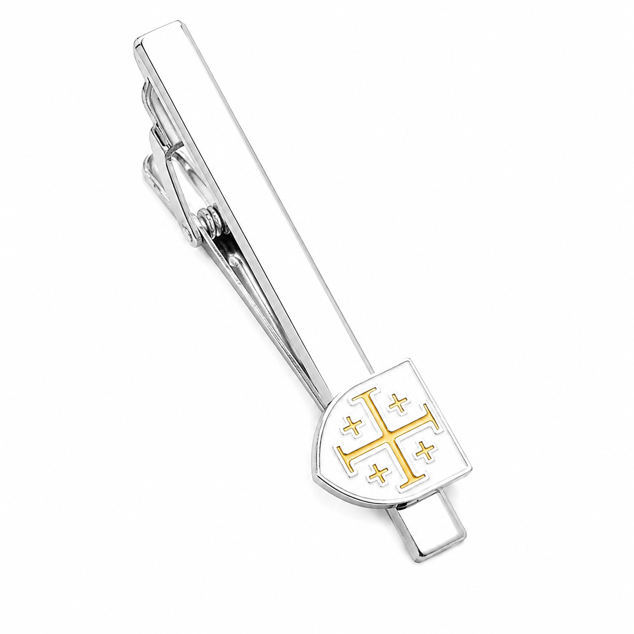 White and gold Jerusalem Cross tie clip with polished silver finish handcrafted for men's church, wedding, and business attire.
