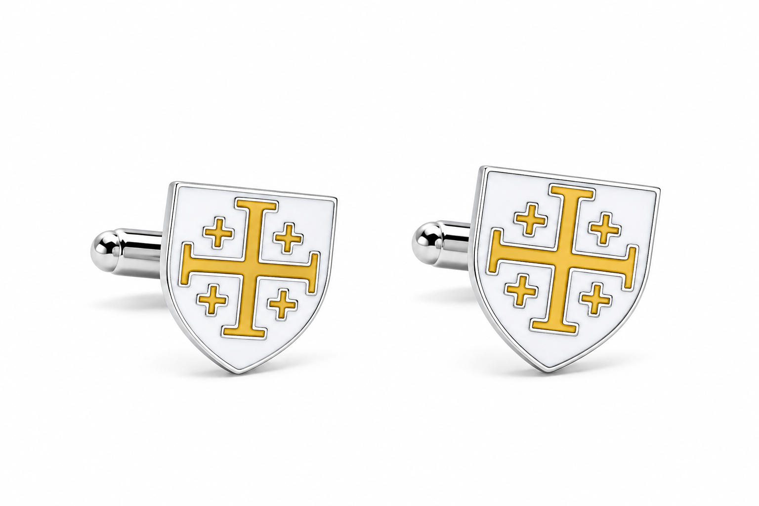 A pair of silver-toned shield-shaped cufflinks featuring a white enamel background and a gold cross design with five smaller crosses, shown on a clean white background.