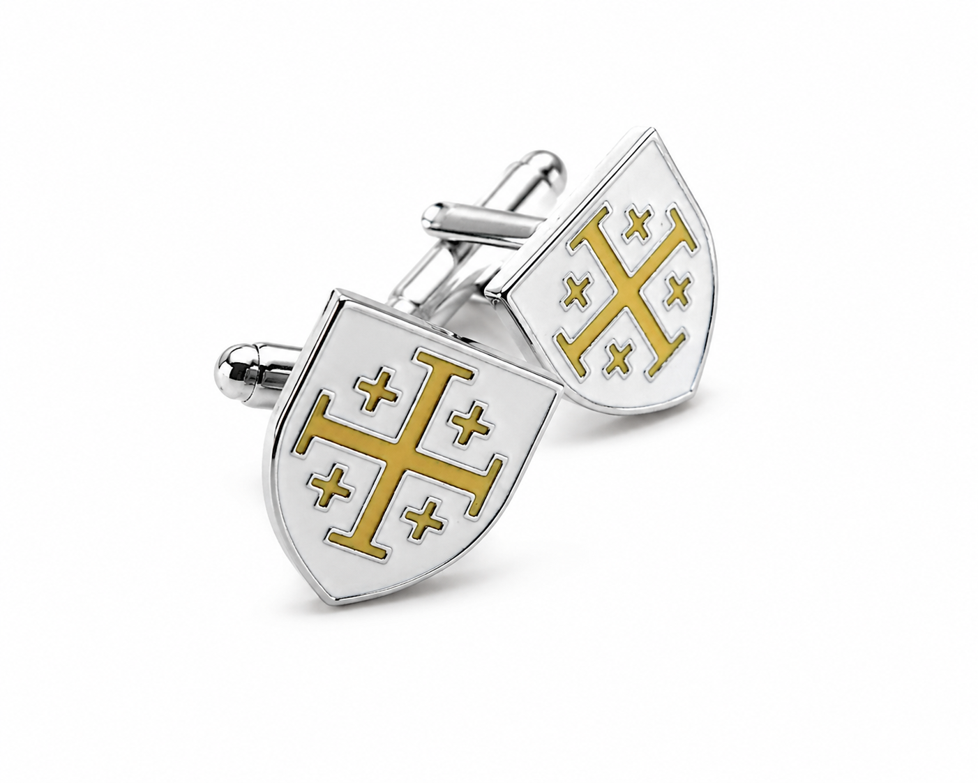 A pair of silver-toned shield-shaped cufflinks featuring a gold Templar cross design on a clean white background.