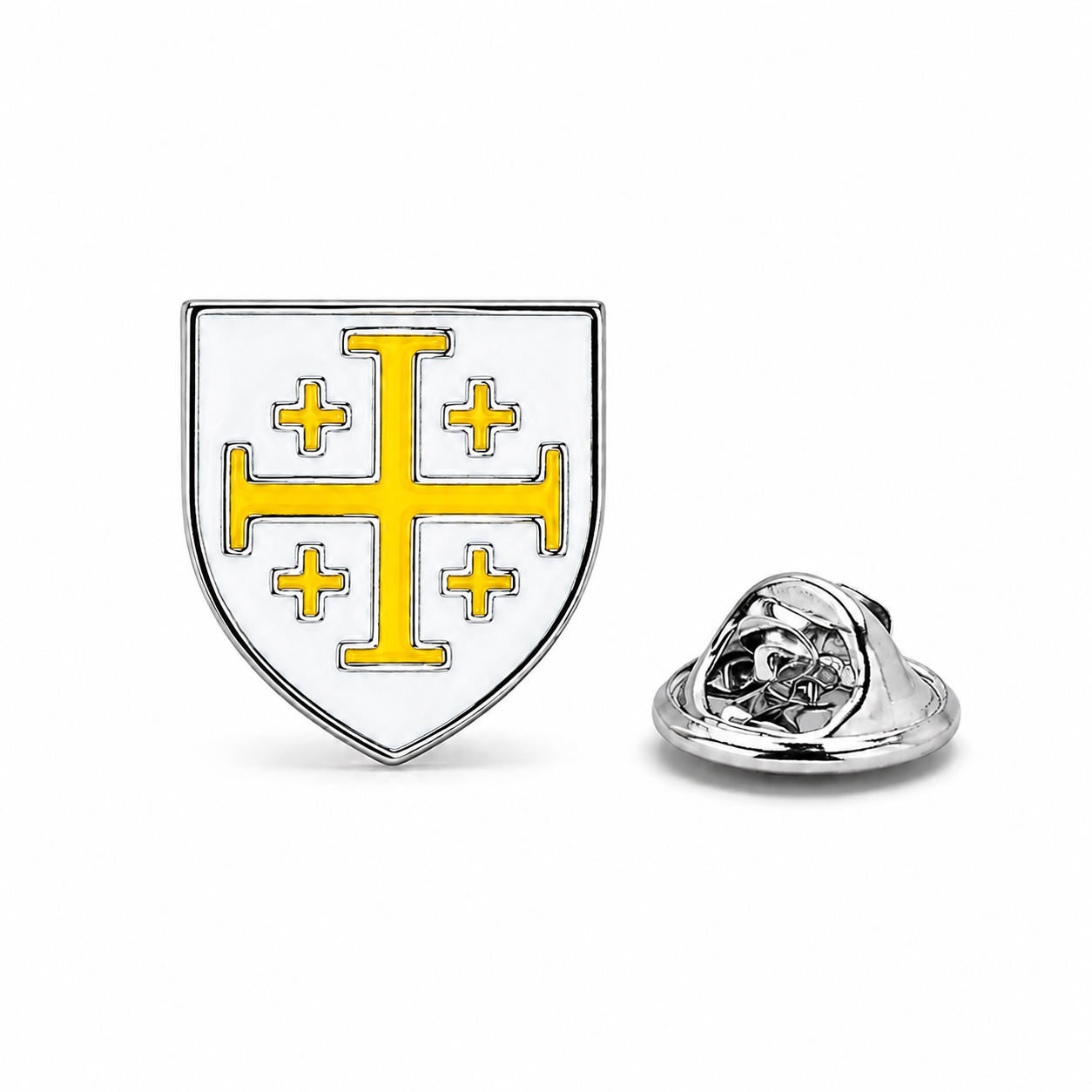 A shield-shaped silver and white enamel pin featuring a yellow cross, shown alongside its silver metal clasp backing on a clean white background.