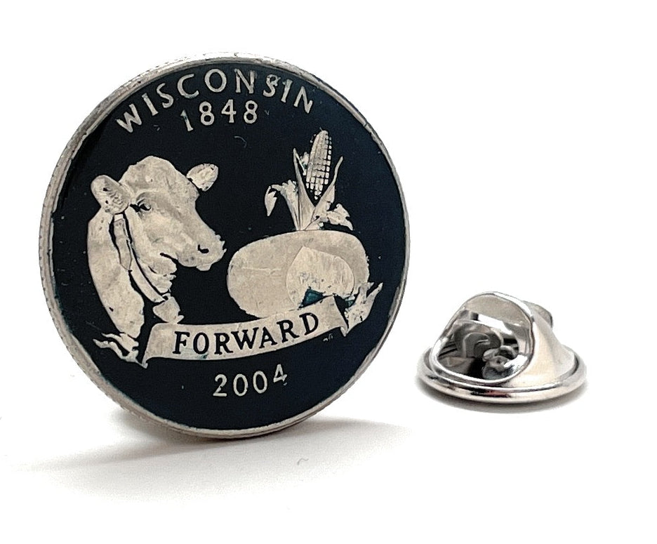 Hand-painted Wisconsin quarter lapel pin with silver trim and secure metal clutch backing