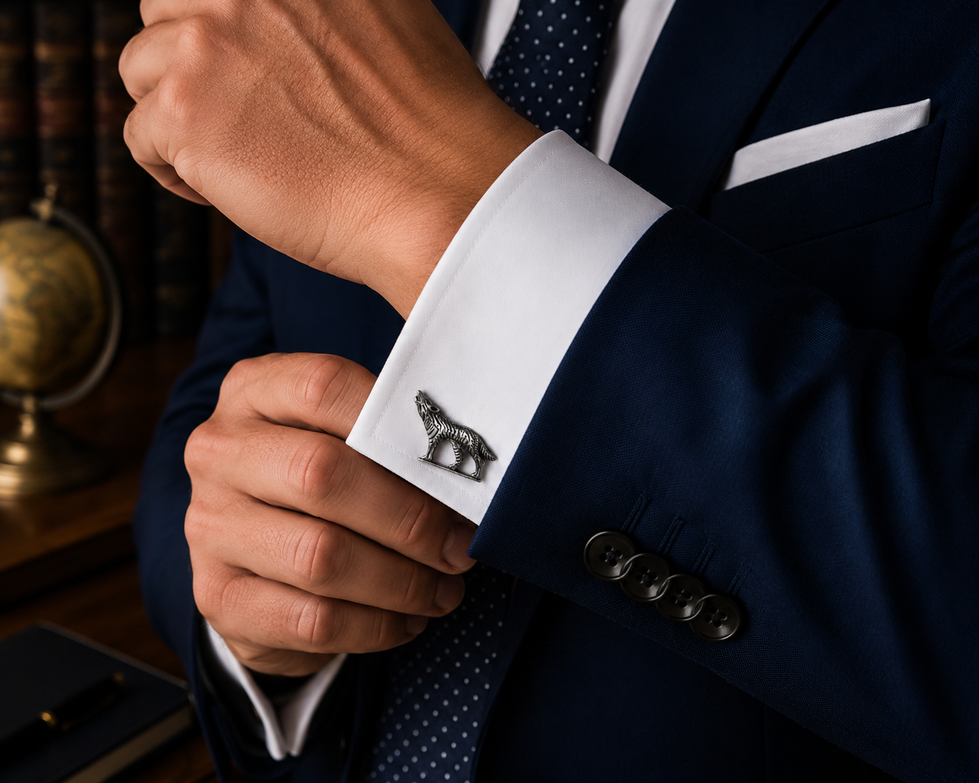 Close-up of a person wearing a suit with a cufflink featuring a wolf design.