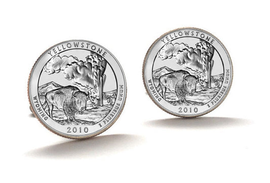 Yellowstone National Park Coin Cufflinks Uncirculated U.S. Quarter 2010 Cuff Links Enamel Backing Cufflinks