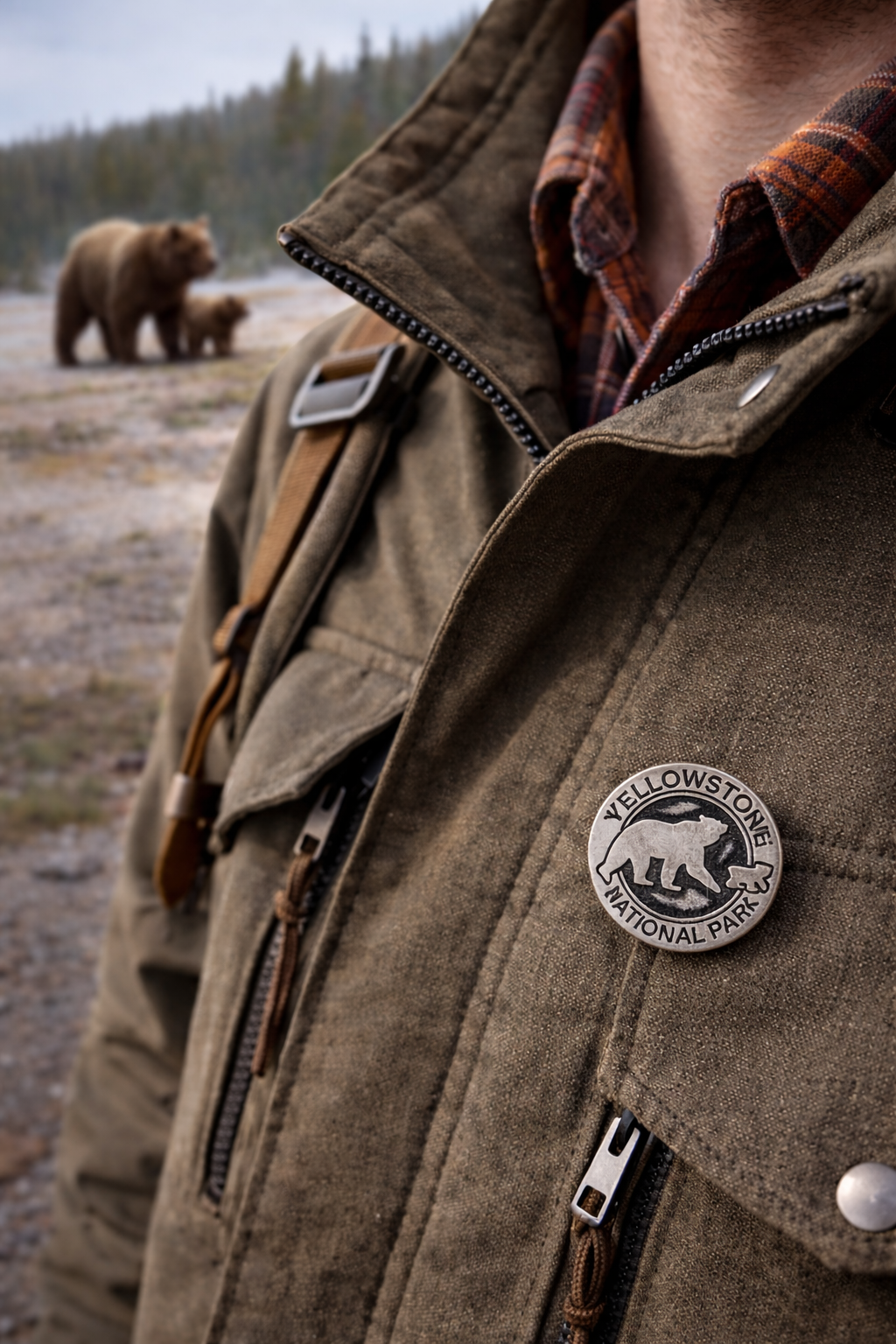 Person wearing a jacket with Yellowstone National Park logo lapel pin, with bears in the background