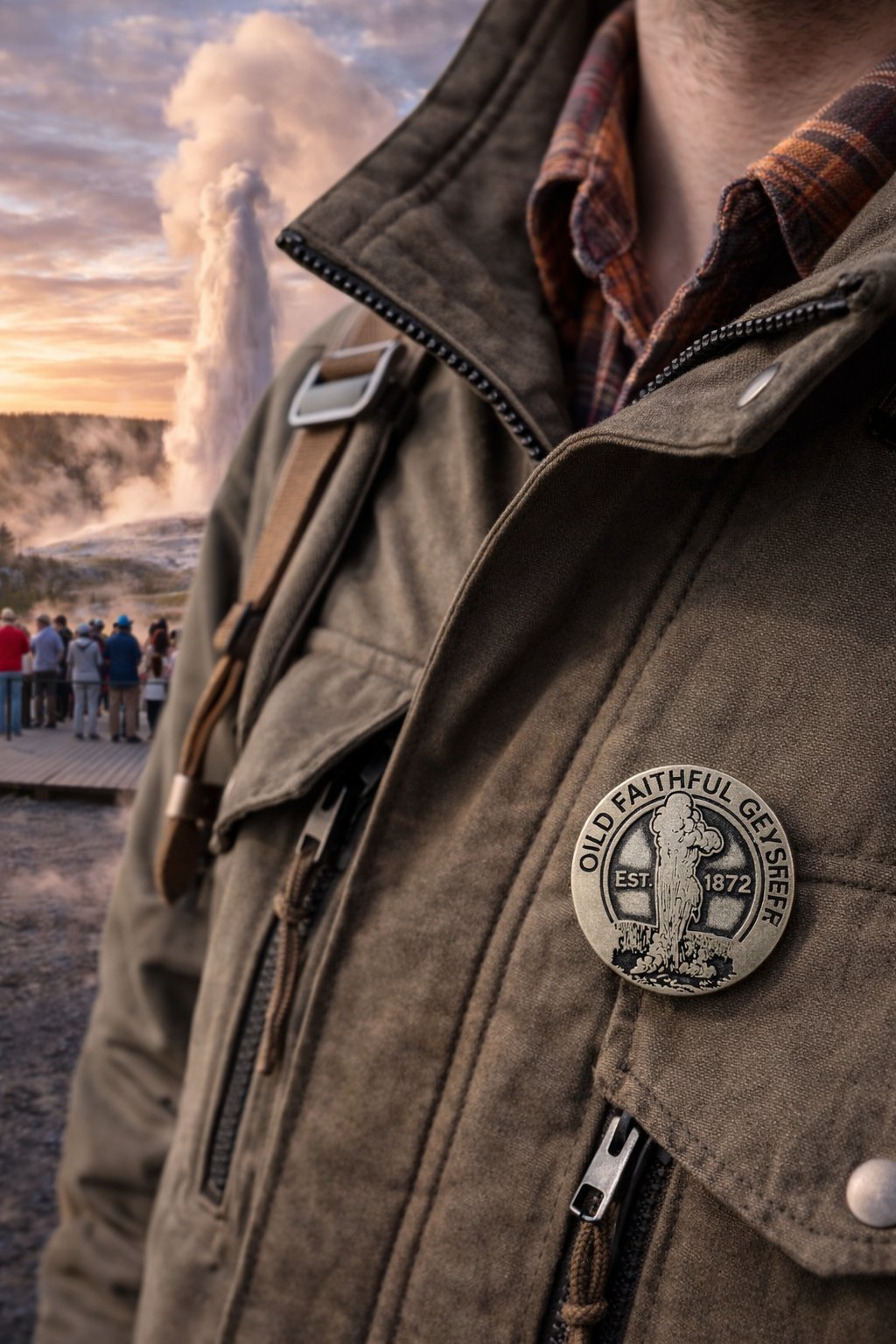 Person wearing a brown jacket with a patch in front of Yellowstone National Park Old Faithful Lapel Pin 