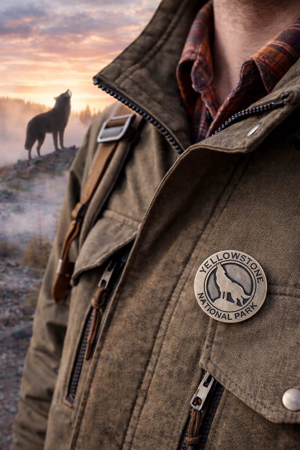 Person wearing a jacket with Yellowstone National Park logo lapel pin standing in a misty landscape with a wolf.
