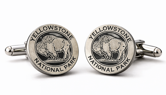 Yellowstone National Park cufflinks with bison design on a white background