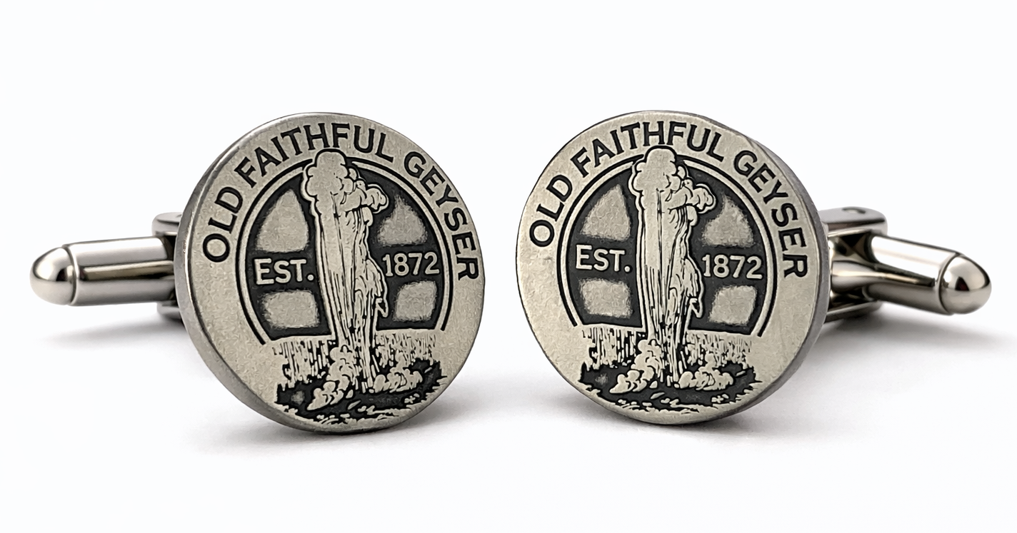 Silver cufflinks with 'Old Faithful Geyser' design on a white background