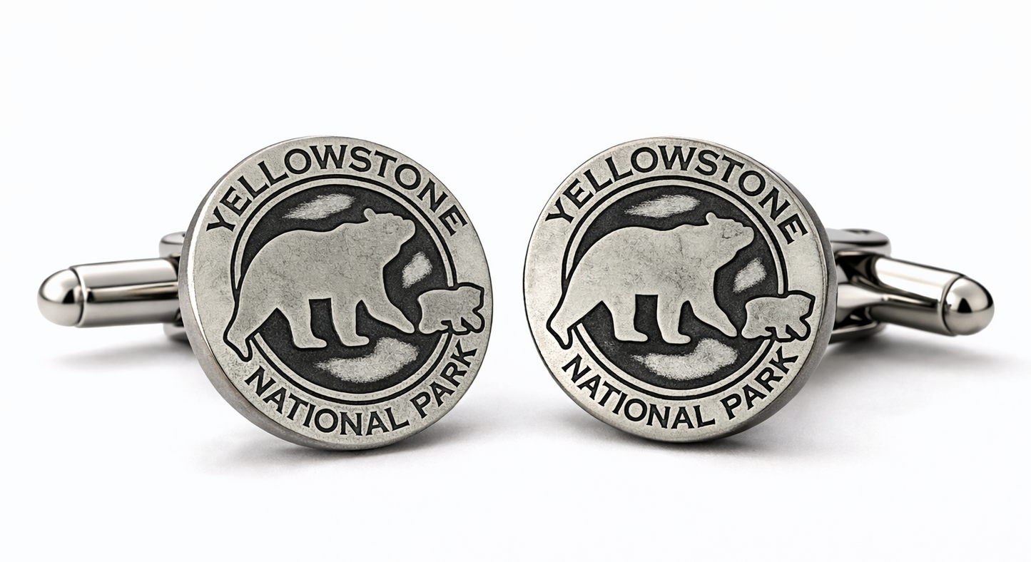 Silver Yellowstone National Park cufflinks on a white background