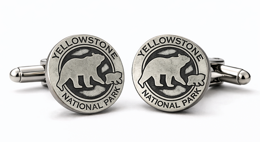 Silver Yellowstone National Park cufflinks on a white background