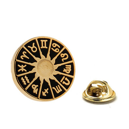 Gold and black enamel Zodiac Wheel lapel pin featuring all 12 zodiac symbols with clutch backing – astrology accessory