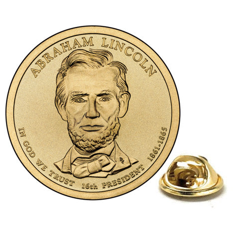 Abraham Lincoln Presidential Dollar Lapel Pin, Uncirculated One Gold Dollar Coin Enamel Pin
