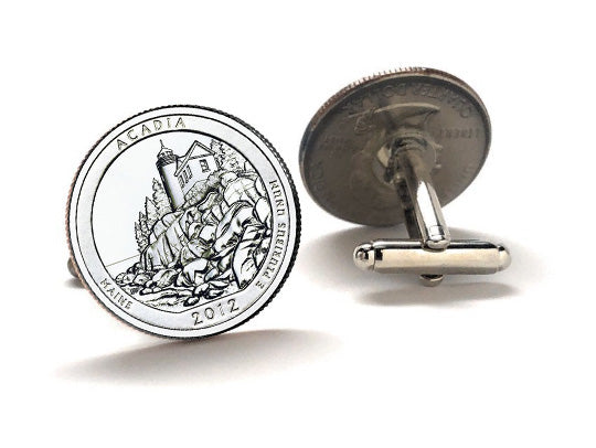 Acadia National Park Coin Cufflinks Uncirculated U.S. Quarter 2012 Cuff Links Enamel Backing Cufflinks