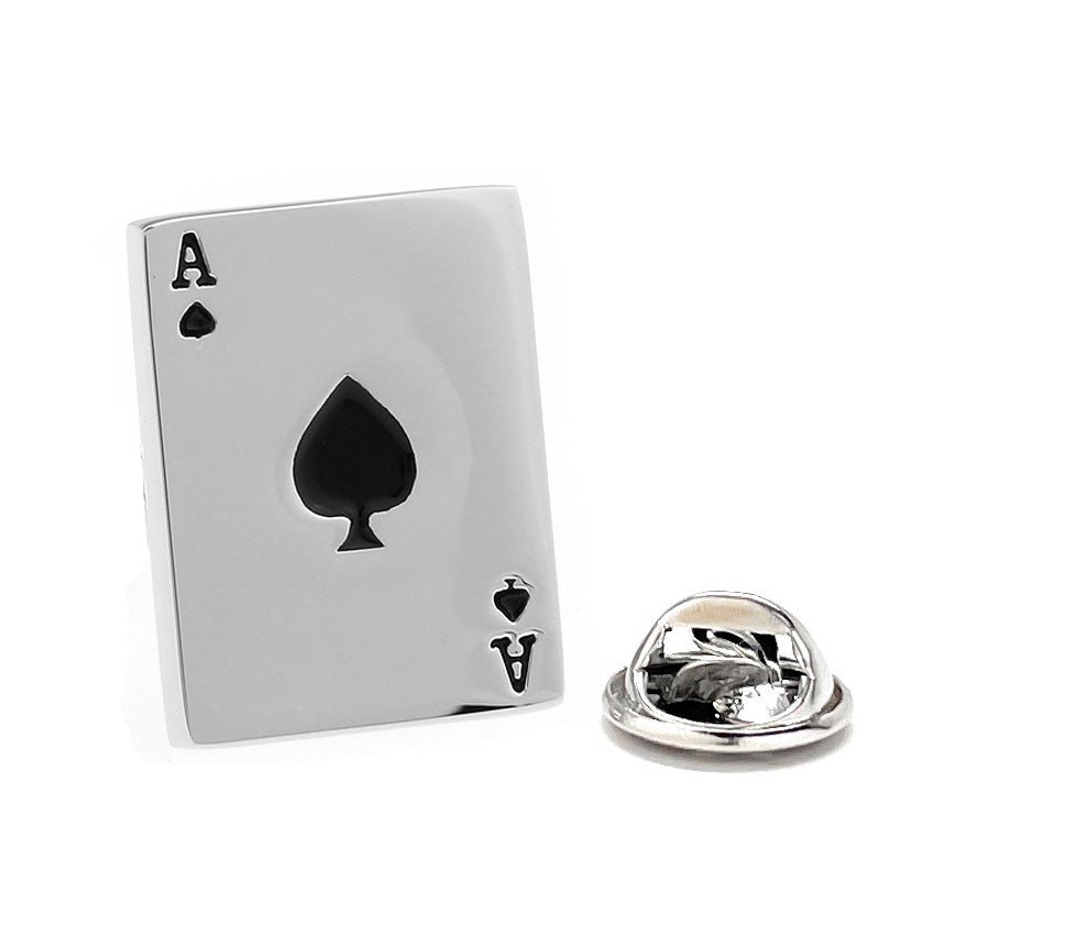 Silver ace of spades card-shaped lapel pin with ring on a white background