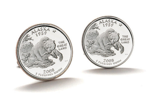 Alaska State Quarter Coin Cufflinks Uncirculated U.S. Quarter 2008 Cuff Links Enamel Backing Cufflinks