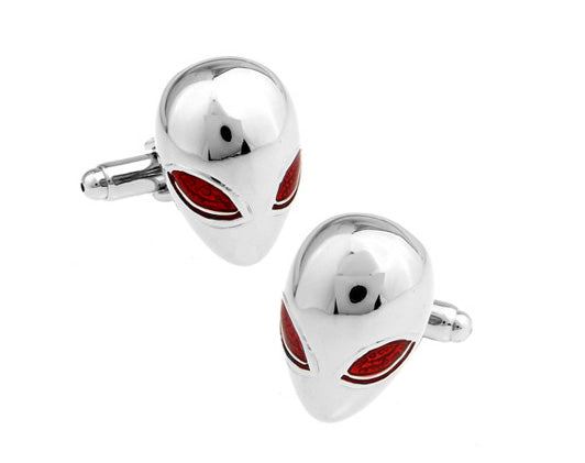 Silver alien head cufflinks with red eyes – sci-fi novelty men’s accessories