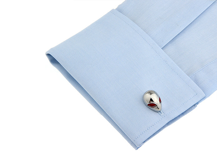 Silver alien head cufflinks with red eyes – sci-fi novelty men’s accessories