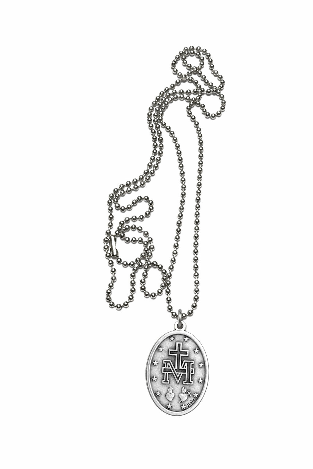 Miraculous Medal Catholic necklace with Virgin Mary on silver tone 18 inch ball chain religious jewelry backside