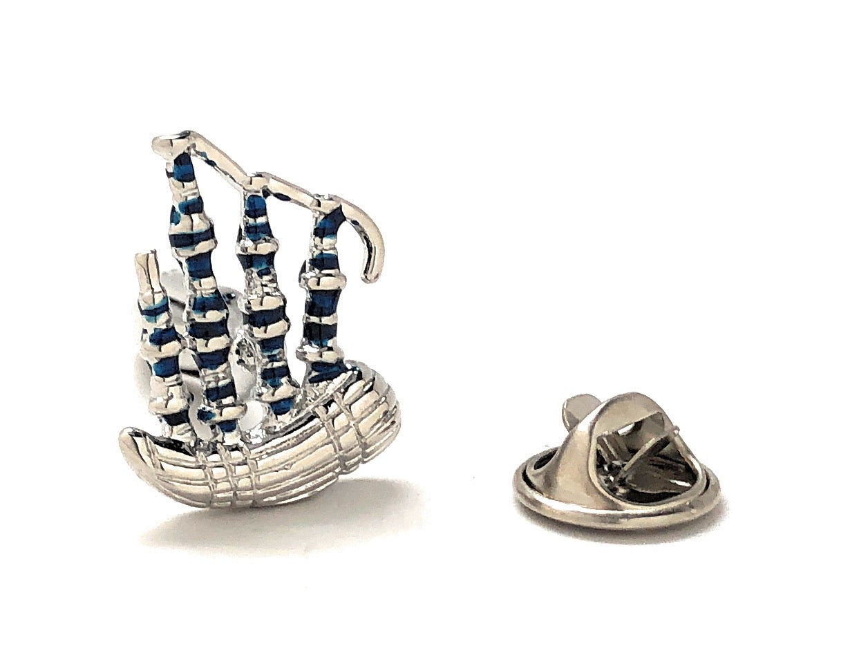 Silver and blue enamel bagpipes lapel pin with butterfly clutch backing, Scottish music pin for musicians