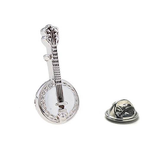 Banjo Pin Silver with White Enamel Pin Bluegrass Old Time Fun