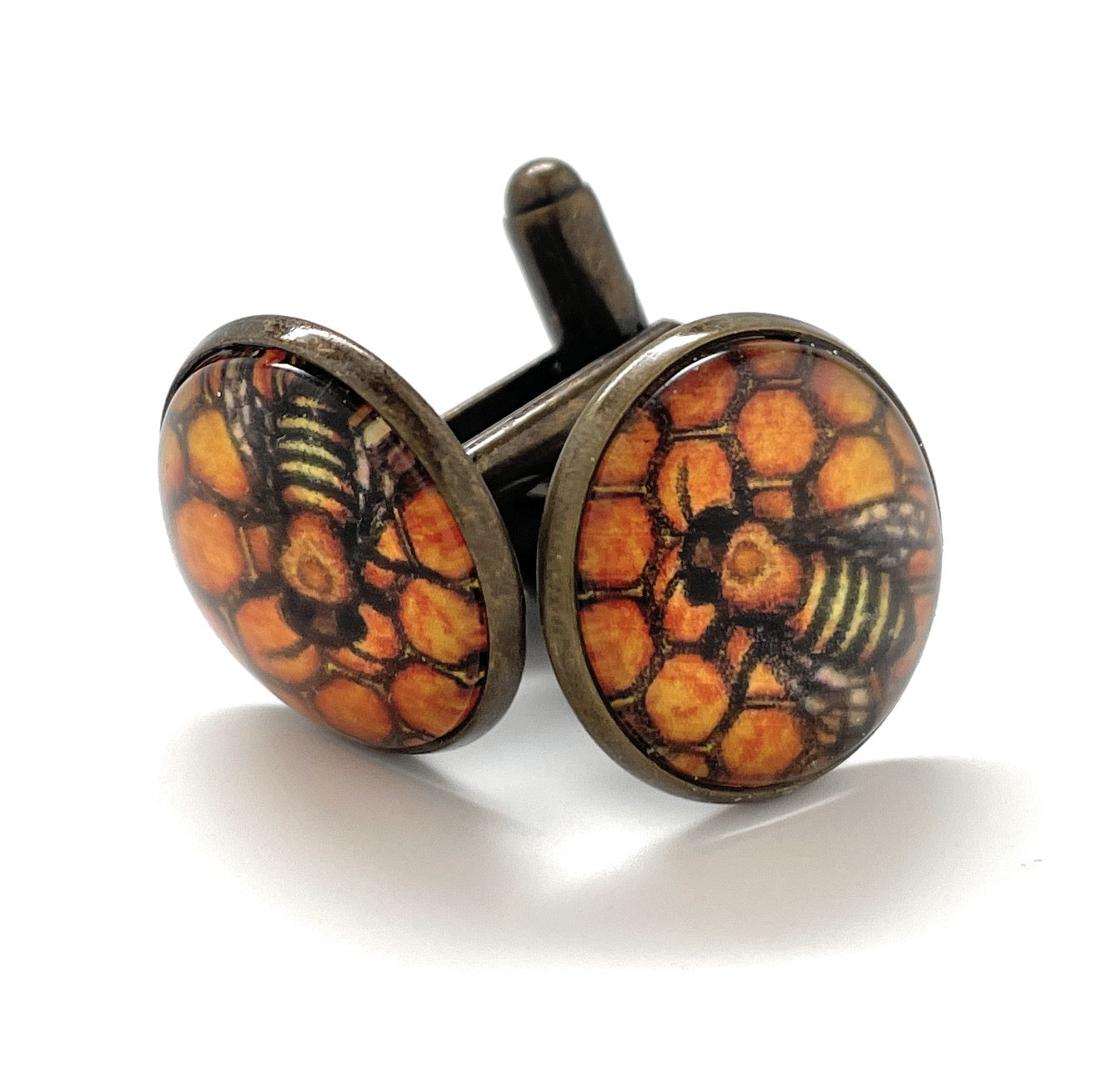 Honeycomb bee cufflinks with amber honeycomb background and vintage bronze finish