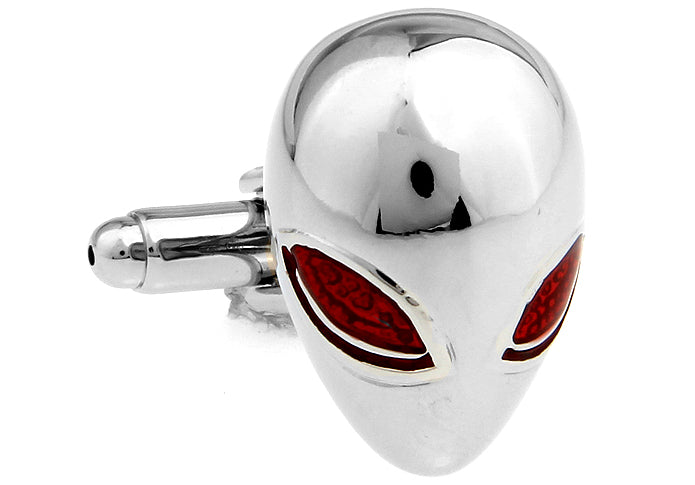 Silver alien head cufflinks with red eyes – sci-fi novelty men’s accessories