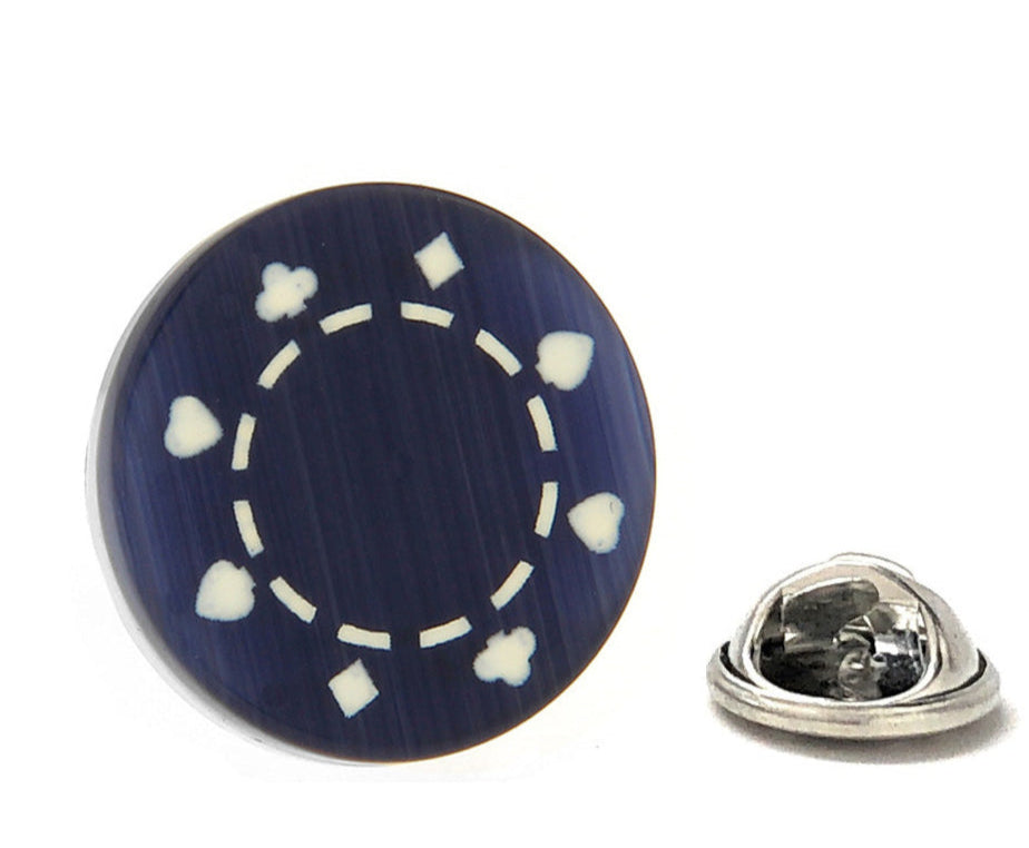 Blue circular badge with white heart pattern on a white background