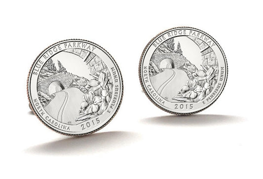 Blue Ridge Parkway Coin Cufflinks Uncirculated U.S. Quarter 2015 Cuff Links Enamel Backing Cufflinks