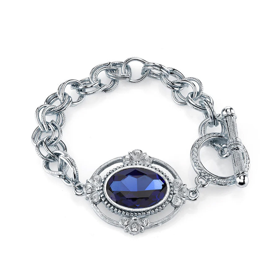 Women's Fashion Bracelet Blue Crystal Jewelry Oval Lux Crystal Silver Toggle Link Bracelet