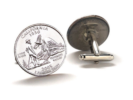 Silver coin cufflinks with California state design on a white background