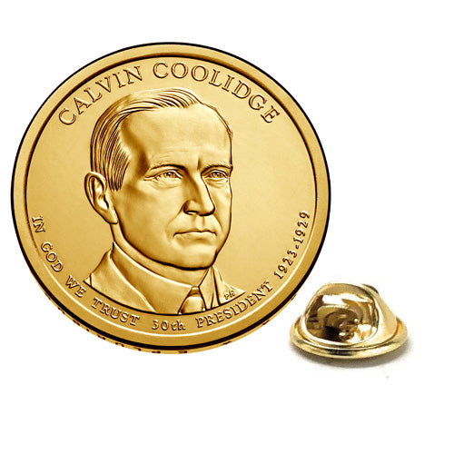 Calvin Coolidge Presidential Dollar Lapel Pin, Uncirculated One Gold Dollar Coin Enamel Pin