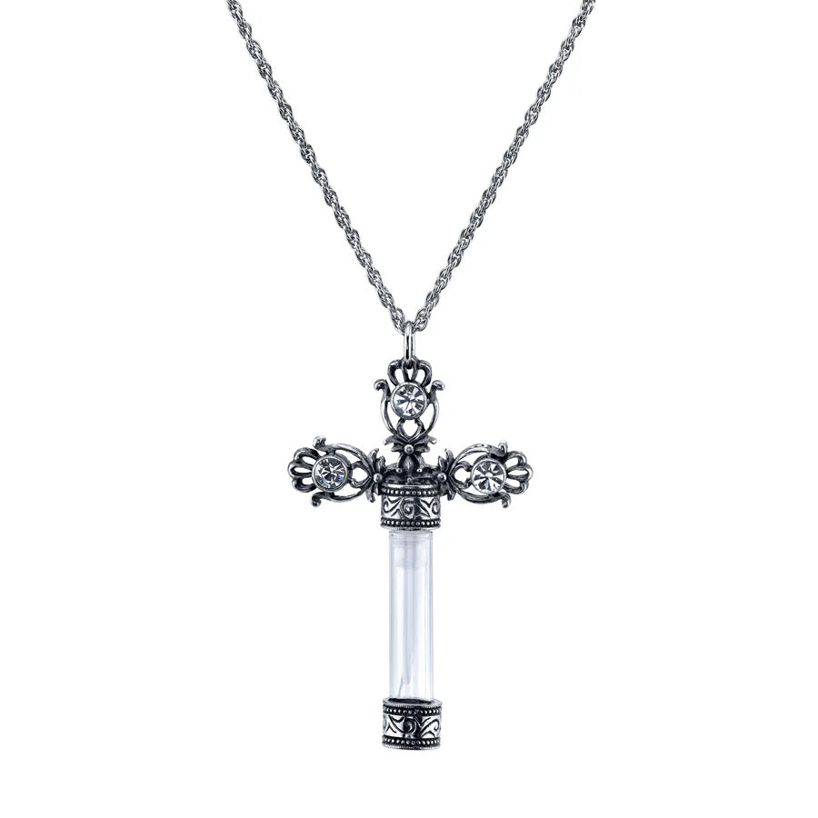 Women's Necklaces Jewelry Antiqued Ornate Cross Clear Crystal Glass Vial Necklace 30"