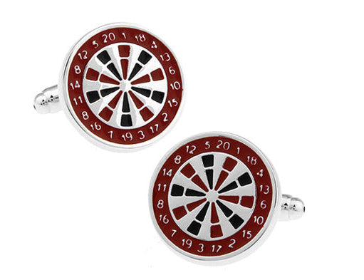Red and black dartboard cufflinks with polished metal frame and bullet-back closure