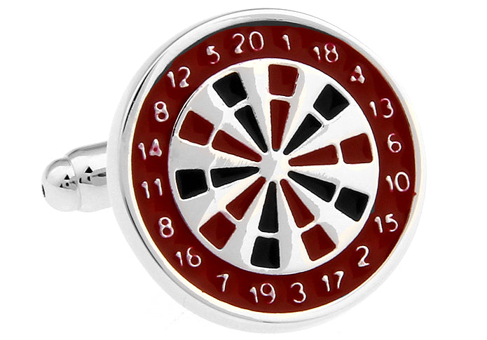 Red and black dartboard cufflinks with polished metal frame and bullet-back closure