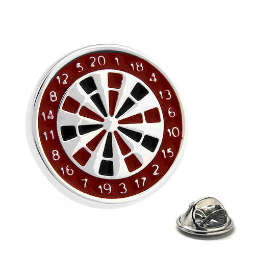 Red and black dartboard enamel lapel pin with polished metal trim and secure clutch backing