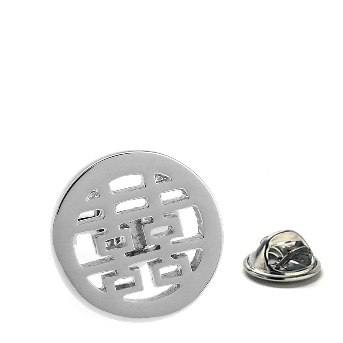 JayPins Silver Double Happiness Lapel Pin – polished silver round pin featuring the traditional Chinese symbol for double happiness, representing love, unity, and good fortune