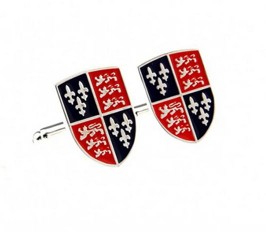 Shields with red, blue, and white design on a white background