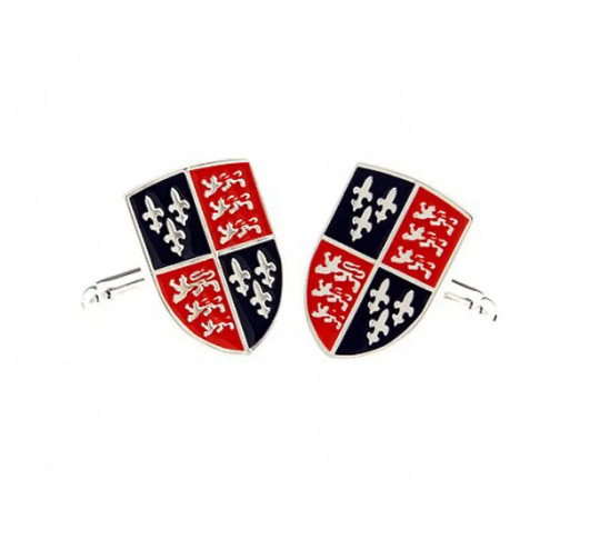 Shields with red, blue, and white design on a white background