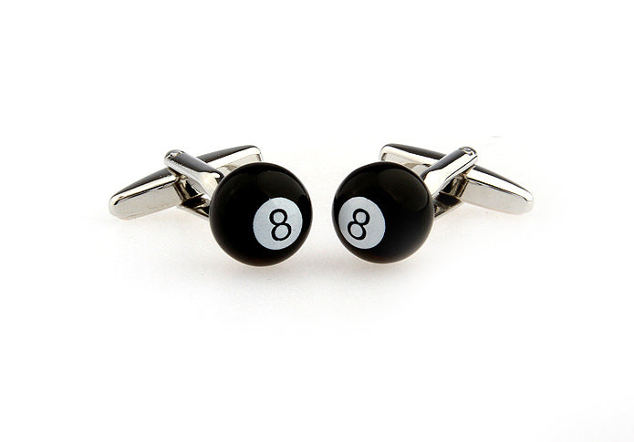 Pair of cufflinks with black balls and number 8 on a white background