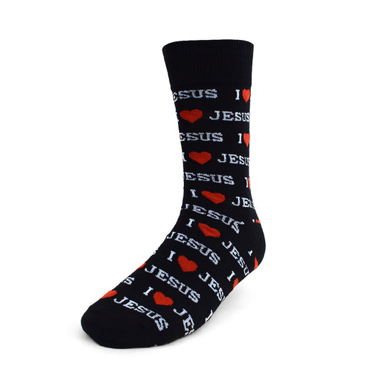 Men's I Love Jesus Novelty Socks Black with Red Hearts