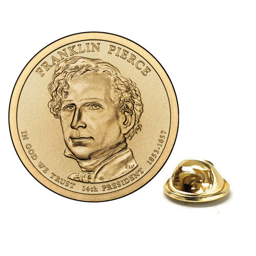 Franklin Pierce Presidential Dollar Lapel Pin, Uncirculated One Gold Dollar Coin Enamel Pin